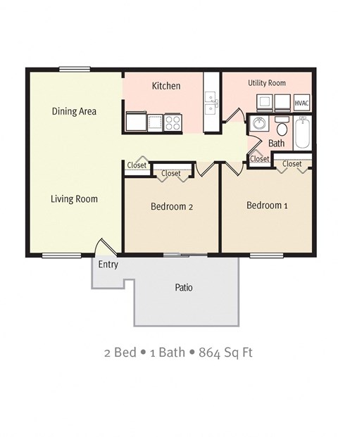 2D Floorplan of 2 Bedroom 1 Bath